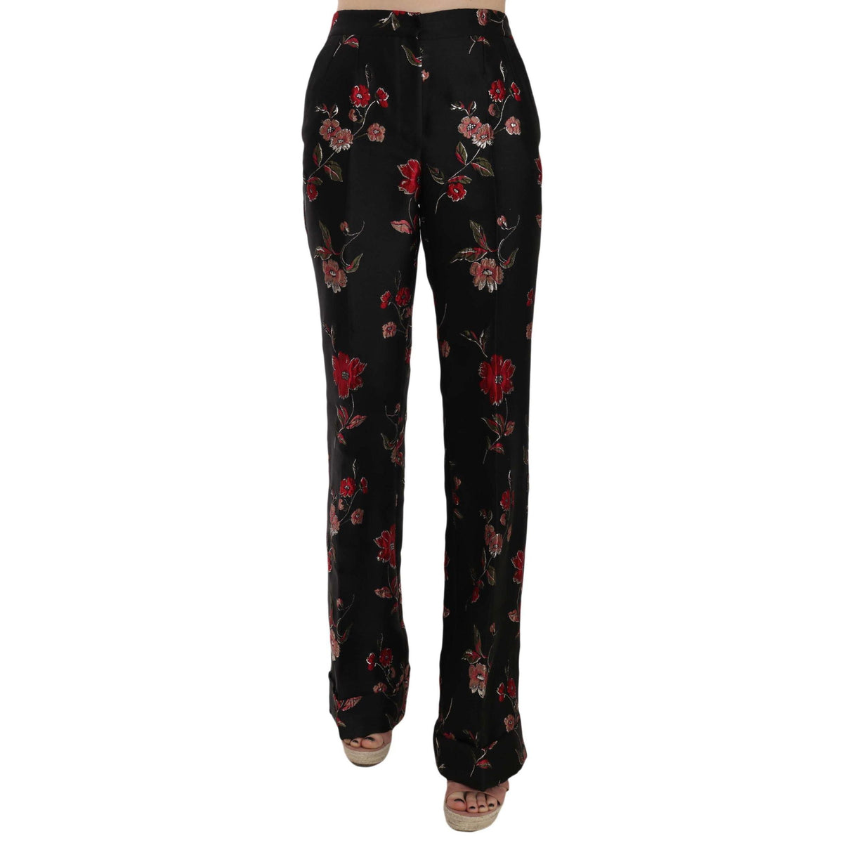 Dolce & Gabbana Floral Print Black Boot Cut Trouser Pants