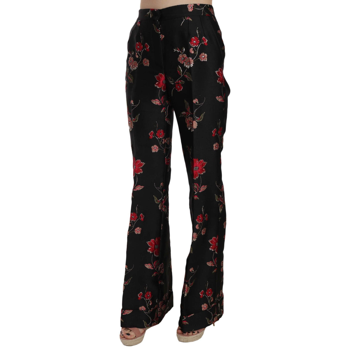 Dolce & Gabbana Floral Print Black Boot Cut Trouser Pants