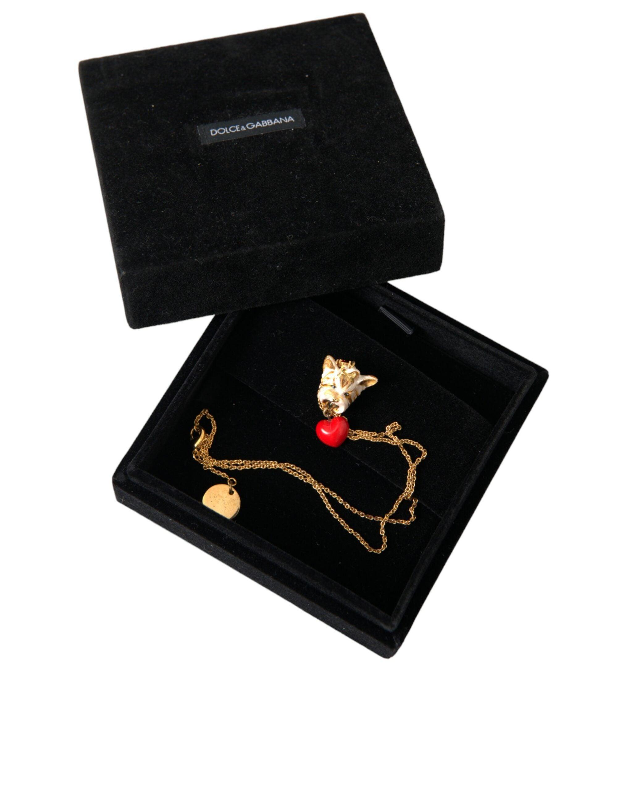 Dolce & Gabbana Gold Brass Chain Dog Heart Pendant Charm Necklace-Modeoutlet