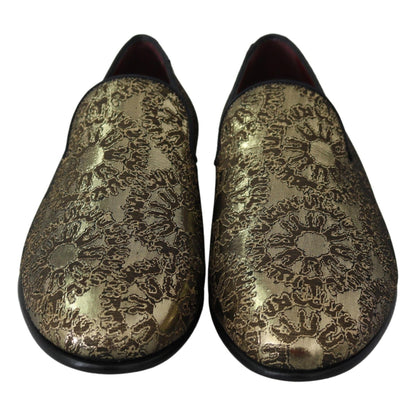 Dolce & Gabbana Gold Jacquard Flats Mens Loafers Shoes