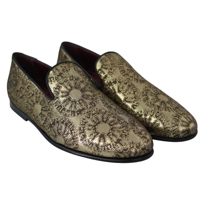 Dolce & Gabbana Gold Jacquard Flats Mens Loafers Shoes