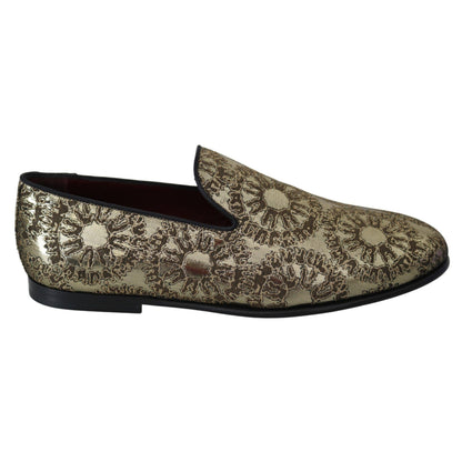 Dolce & Gabbana Gold Jacquard Flats Mens Loafers Shoes