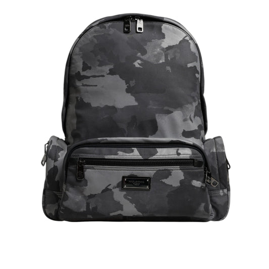 Dolce & Gabbana Gray Cotton Camouflage Logo Plaque Backpack Bag