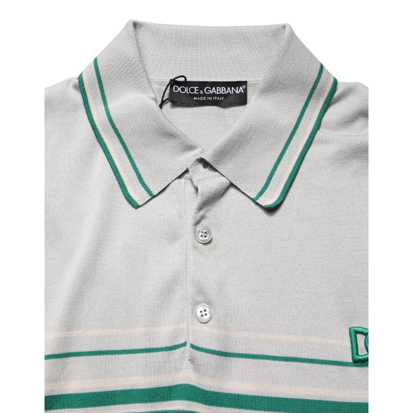 Dolce & Gabbana Gray Green Striped Logo Silk Polo T-shirt