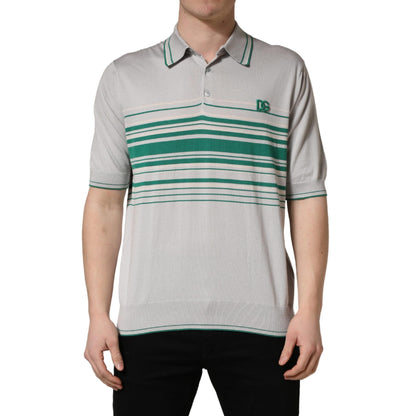 Dolce & Gabbana Gray Green Striped Logo Silk Polo T-shirt