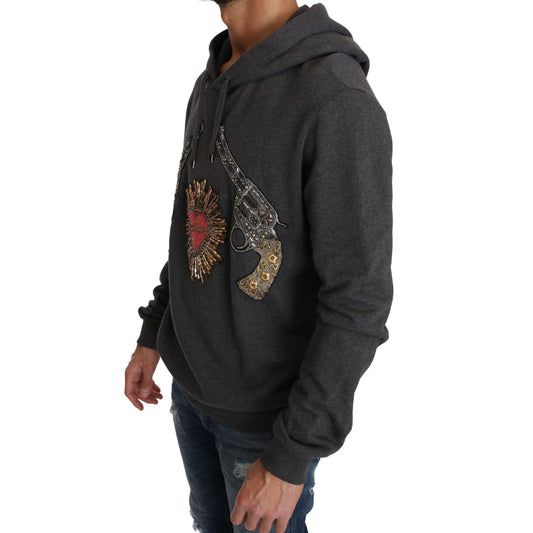 Dolce & Gabbana Gray Hooded Red Crystal Heart Gun Sweater