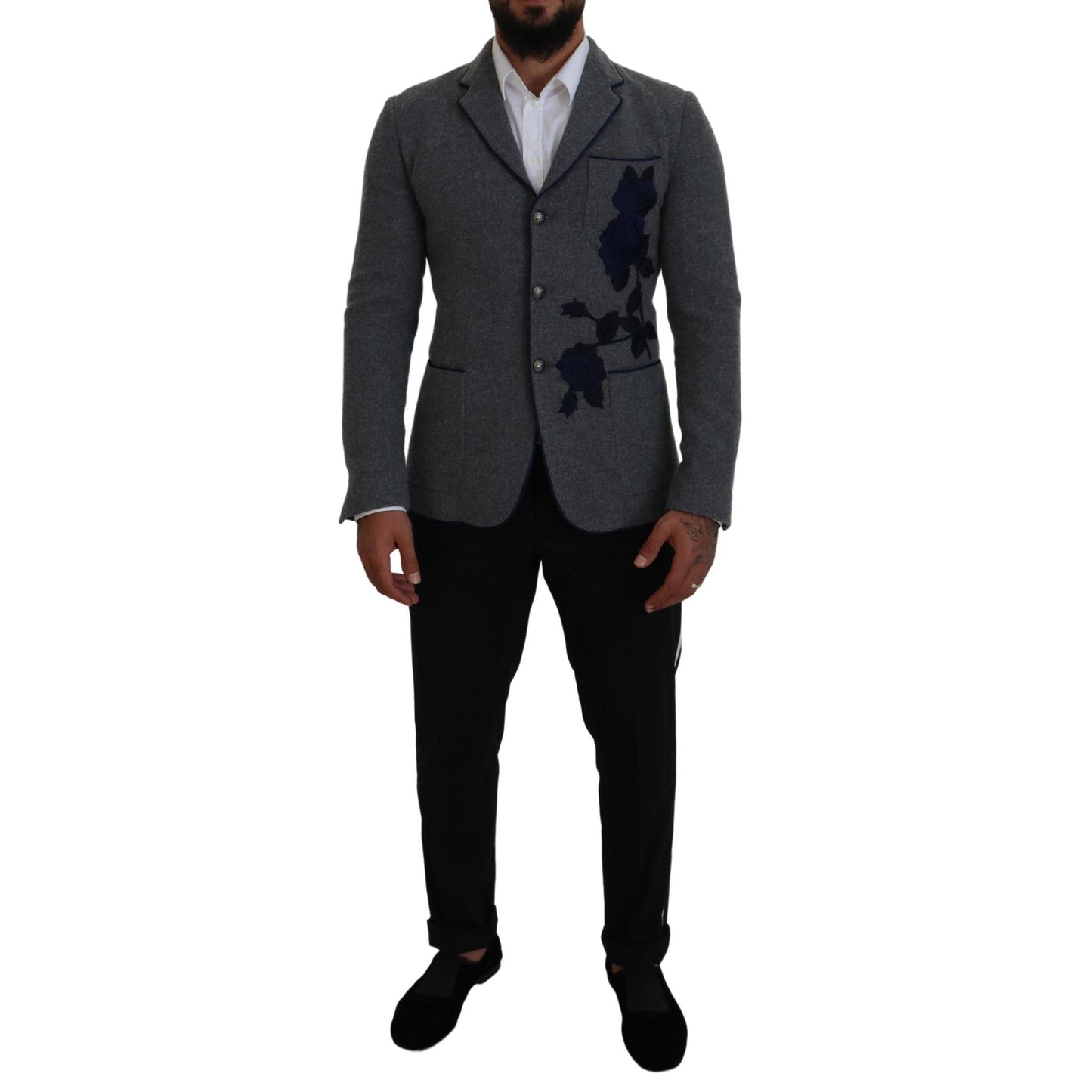 Dolce & Gabbana Gray Wool Roses Slim Fit Jacket Blazer