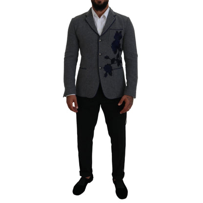 Dolce & Gabbana Gray Wool Roses Slim Fit Jacket Blazer