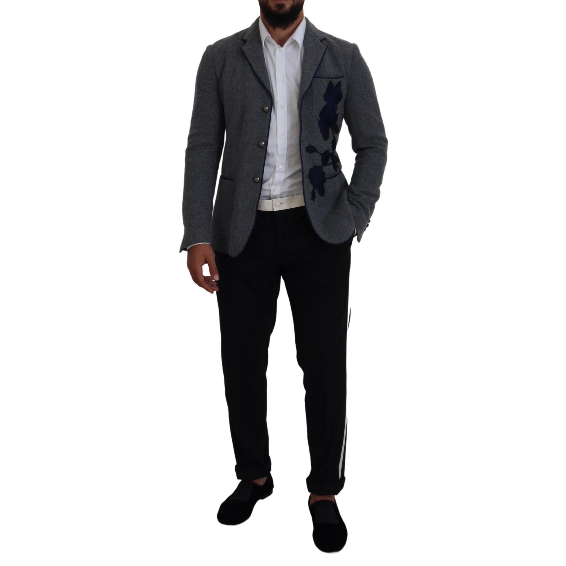 Dolce & Gabbana Gray Wool Roses Slim Fit Jacket Blazer