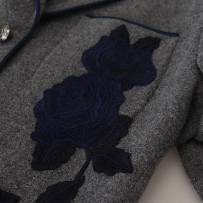 Dolce & Gabbana Gray Wool Roses Slim Fit Jacket Blazer
