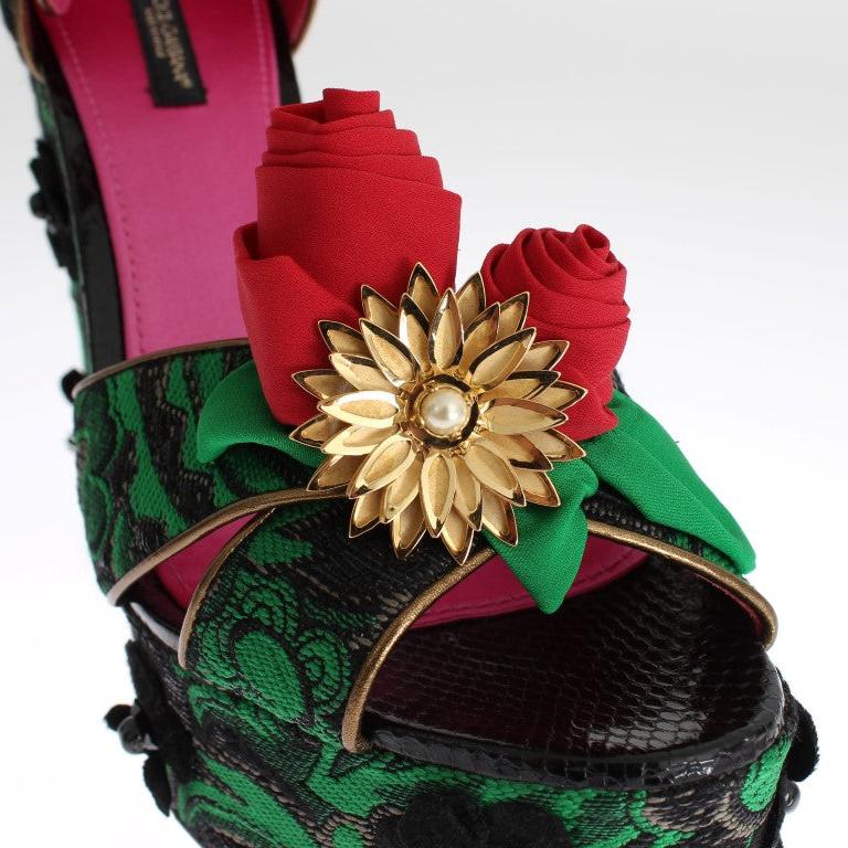 Dolce & Gabbana Green Brocade Snakeskin Roses Crystal Shoes