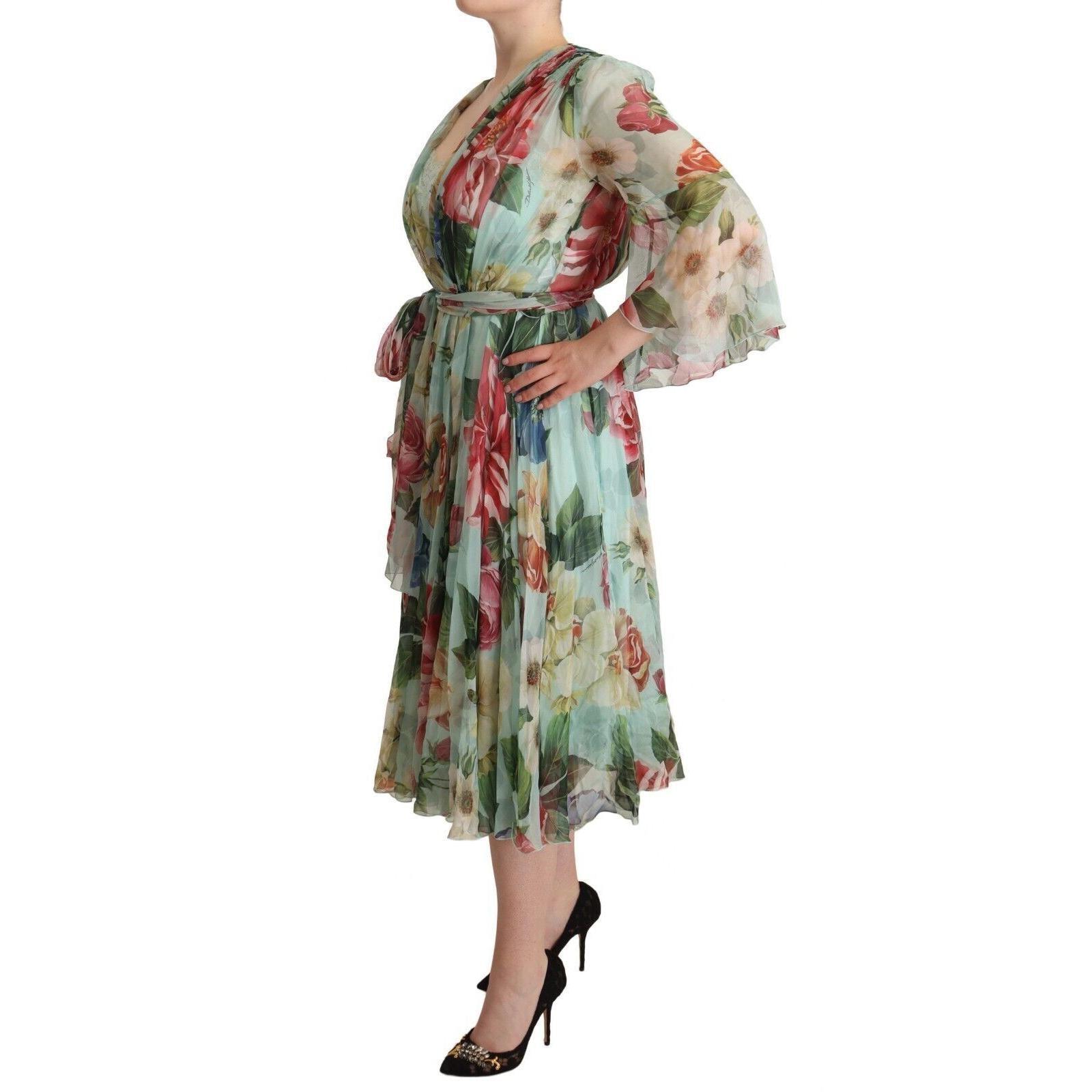 Dolce & Gabbana Green Floral Long Sleeves V-neck Midi Dress