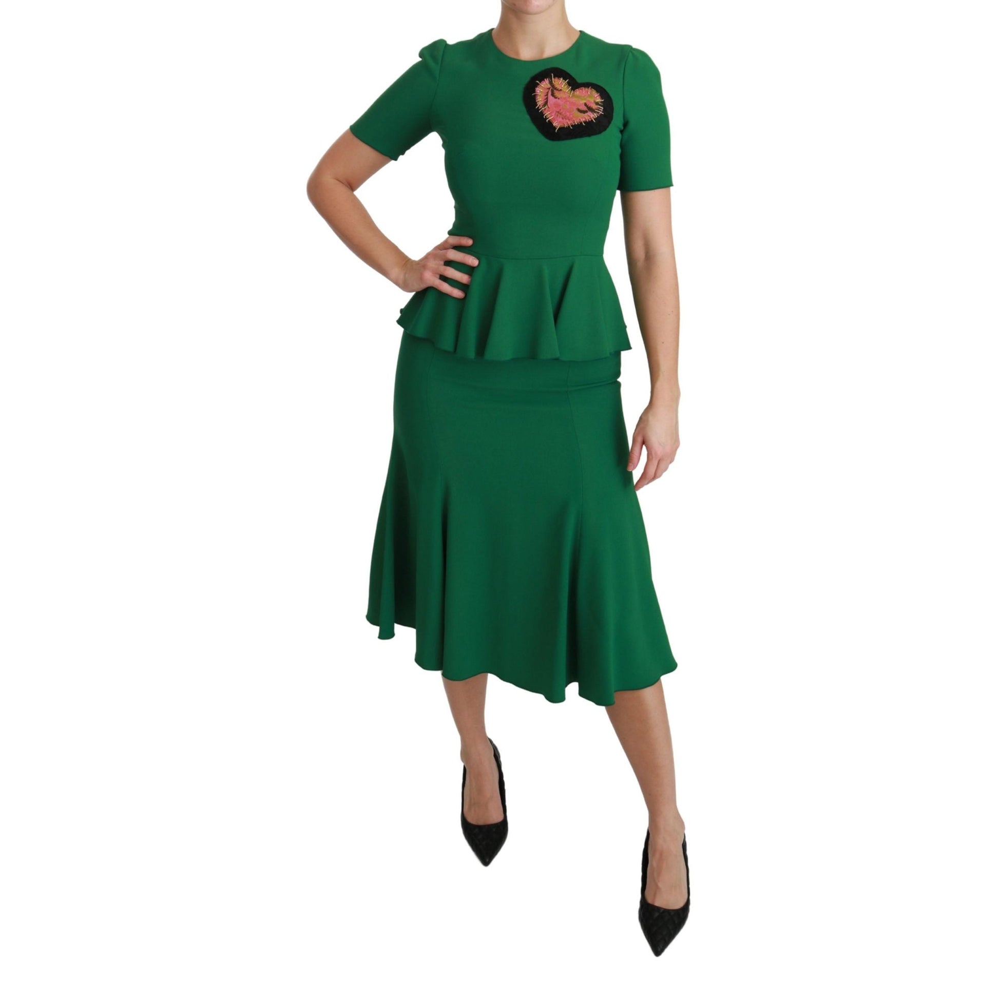 Dolce & Gabbana Green Heart Patch Mermaid Midi Viscose Dress