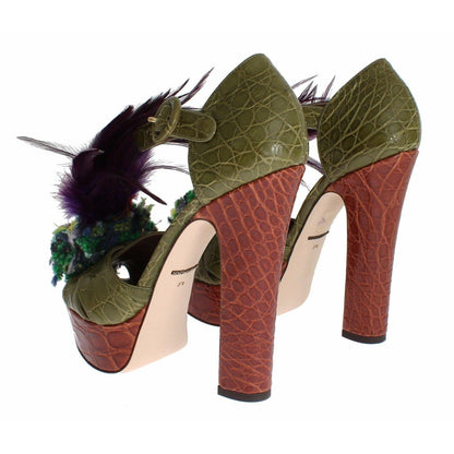 Dolce & Gabbana Green Leather Crystal Platform Sandal Shoes