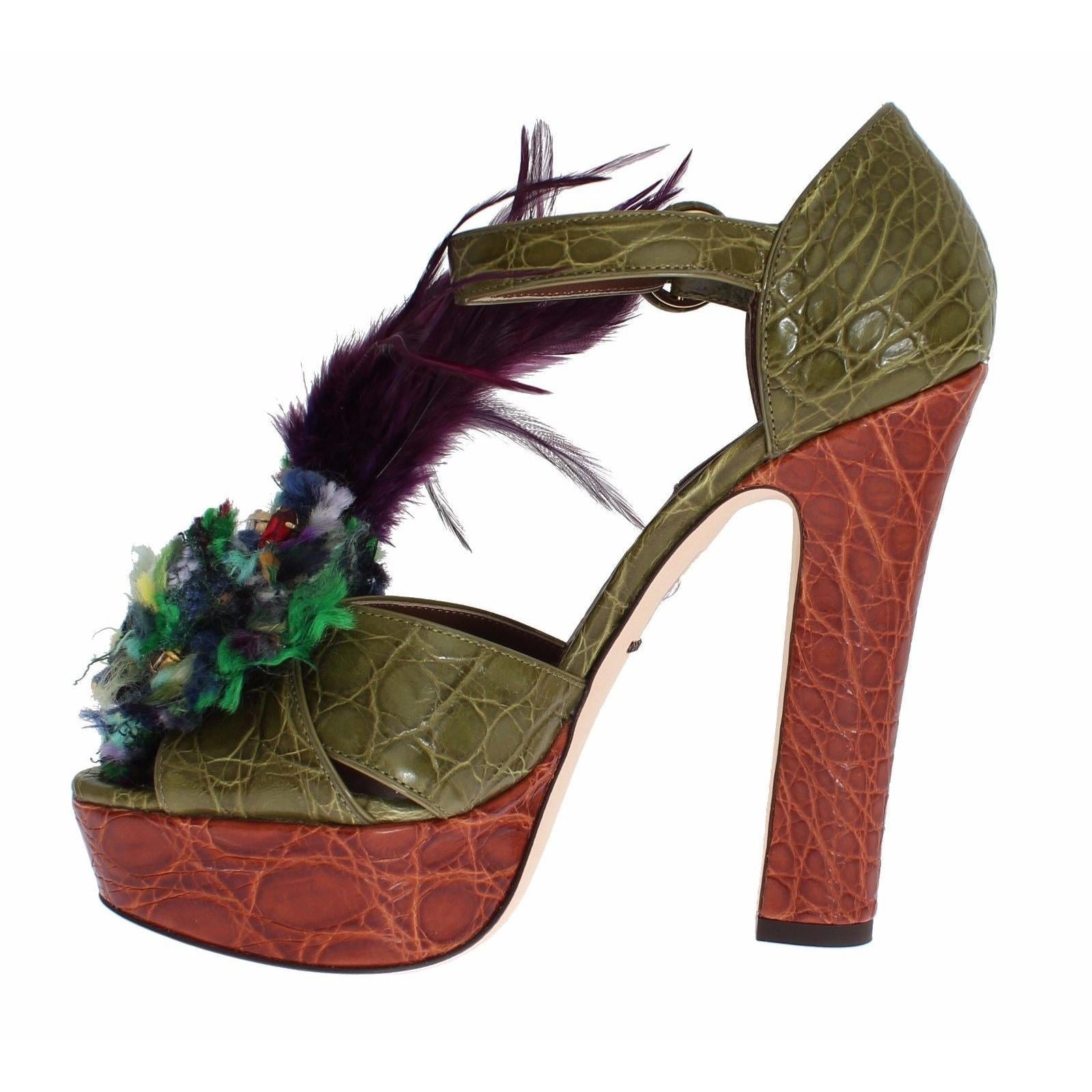Dolce & Gabbana Green Leather Crystal Platform Sandal Shoes
