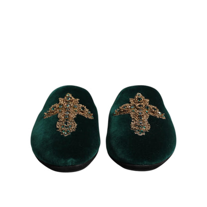 Dolce & Gabbana Green Velvet Cross Embellished Slippers Shoes