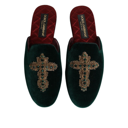 Dolce & Gabbana Green Velvet Cross Embellished Slippers Shoes