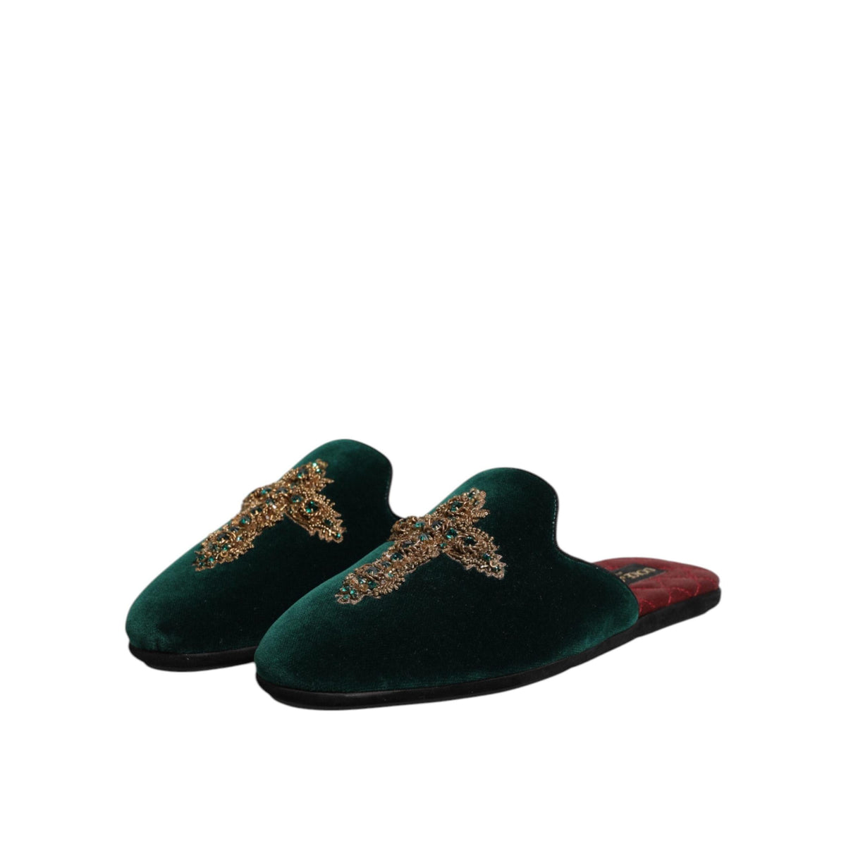 Dolce & Gabbana Green Velvet Cross Embellished Slippers Shoes