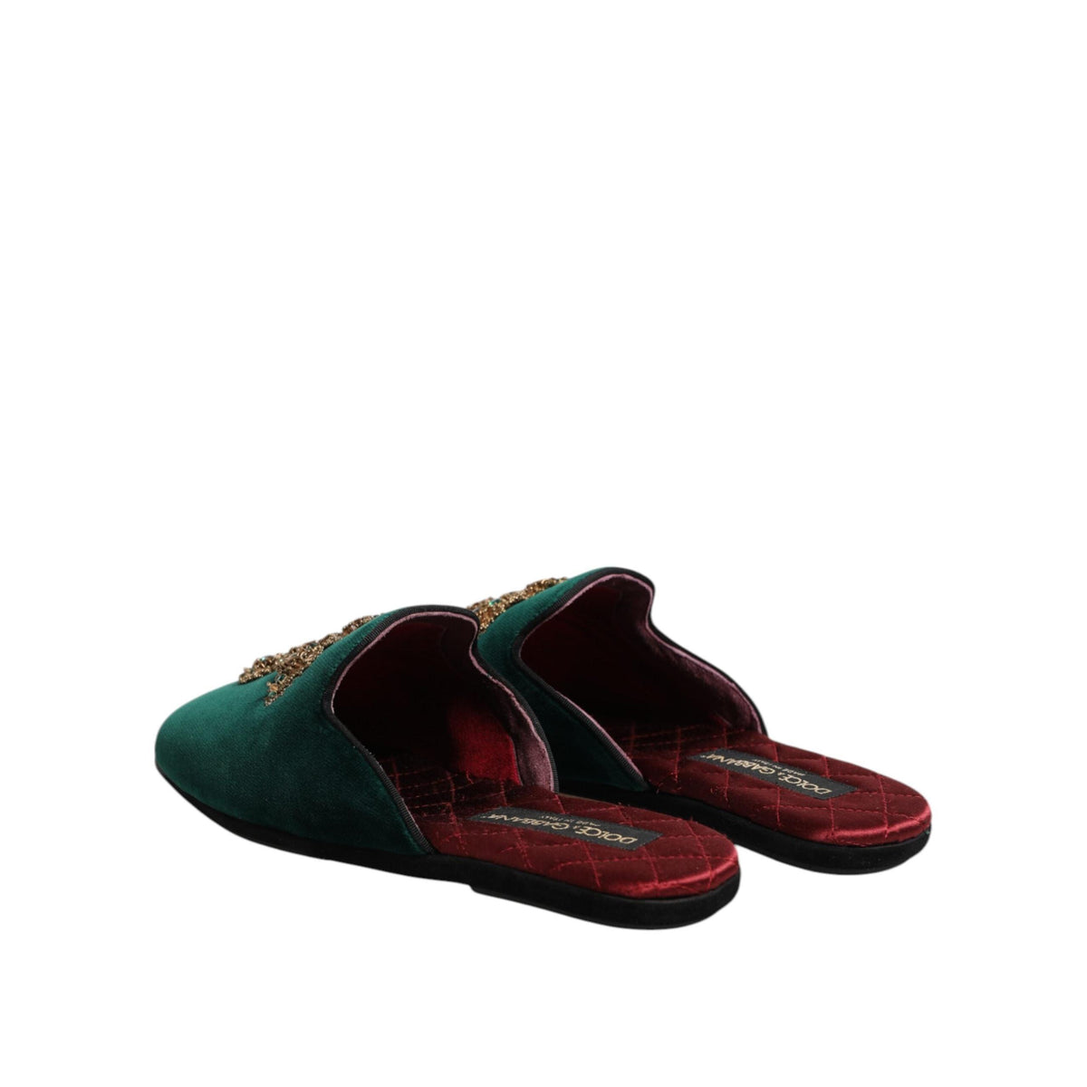 Dolce & Gabbana Green Velvet Cross Embellished Slippers Shoes
