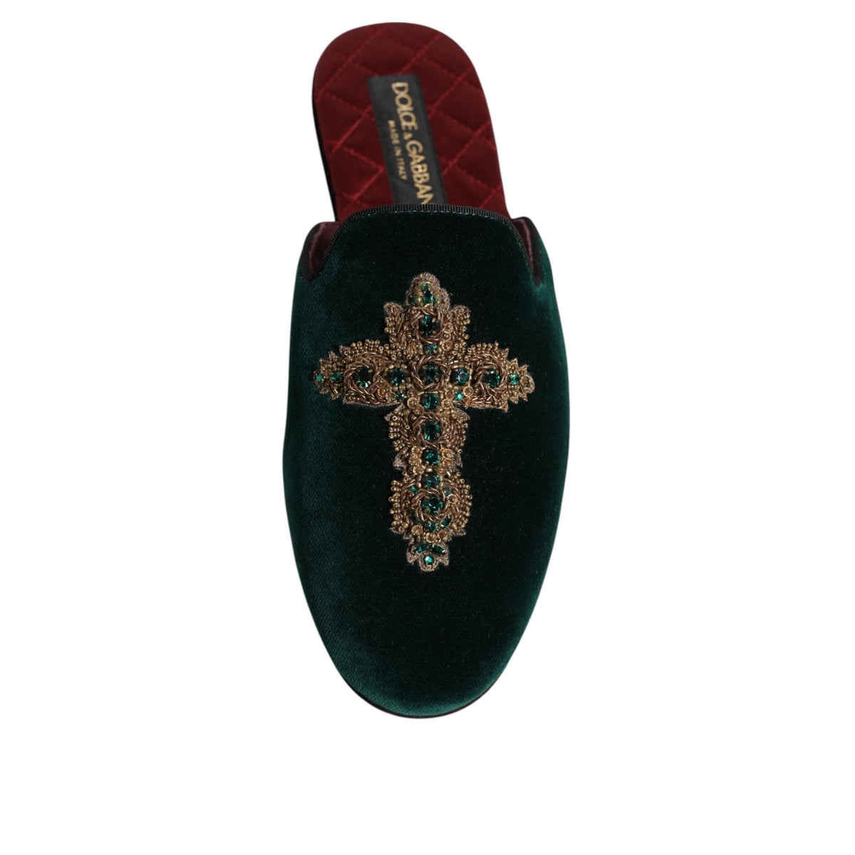 Dolce & Gabbana Green Velvet Cross Embellished Slippers Shoes