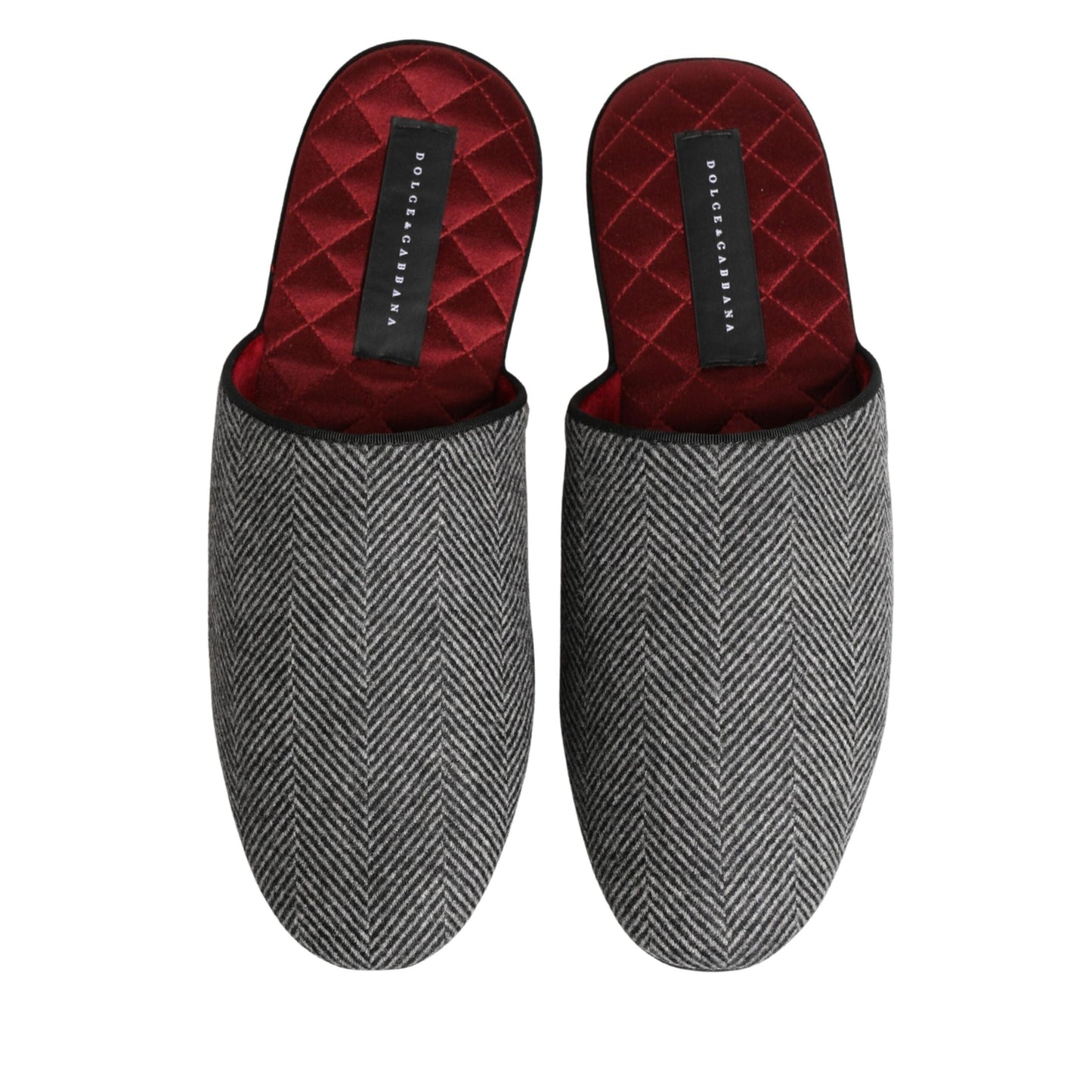 Dolce & Gabbana Grey Herringbone Cashmere Red Slippers Shoes