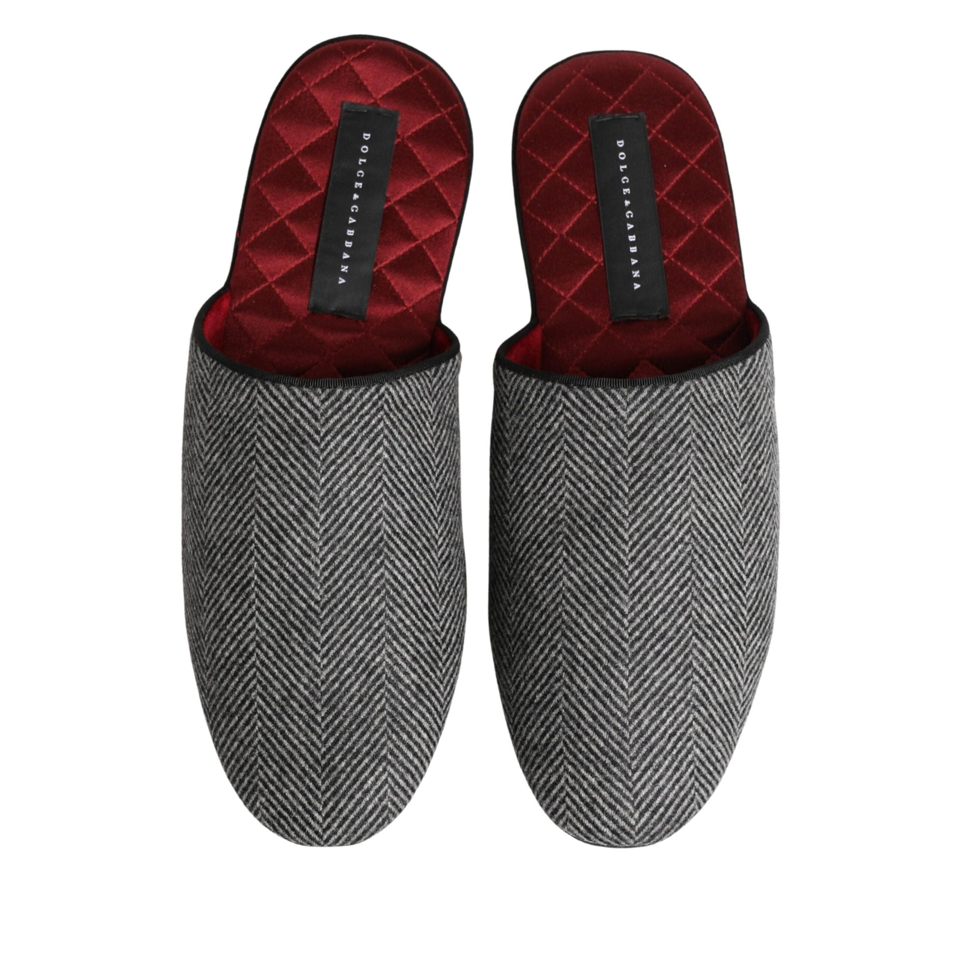 Dolce & Gabbana Grey Herringbone Cashmere Red Slippers Shoes