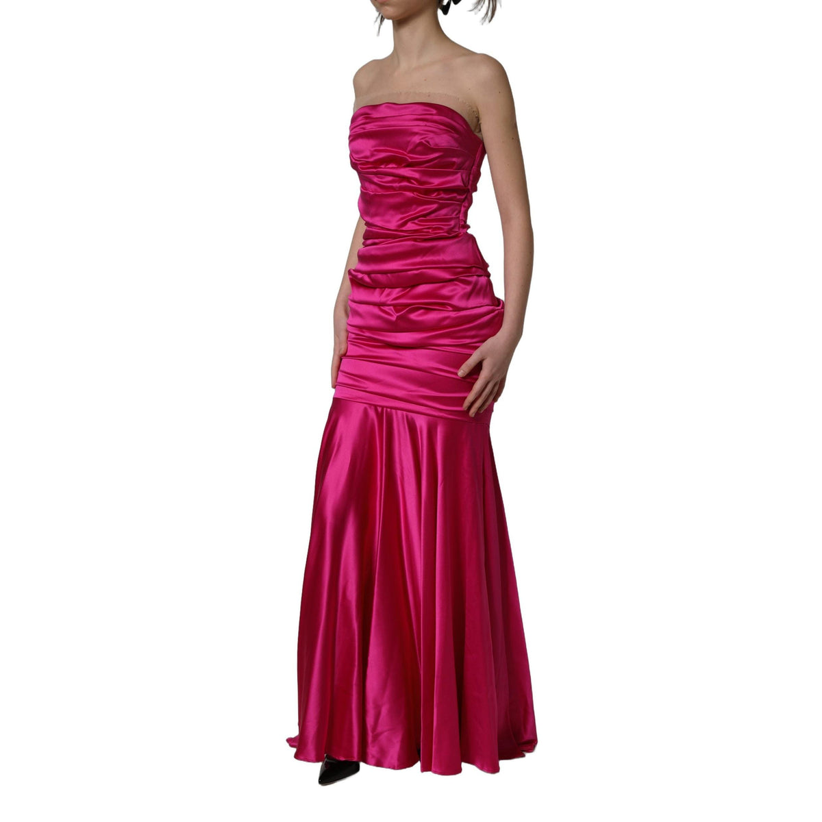 Dolce & Gabbana Hot Pink Ruched Satin Strapless Gown Dress
