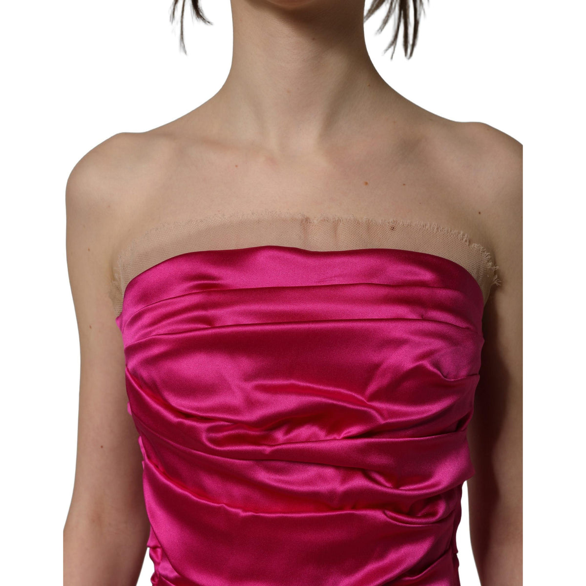 Dolce & Gabbana Hot Pink Ruched Satin Strapless Gown Dress