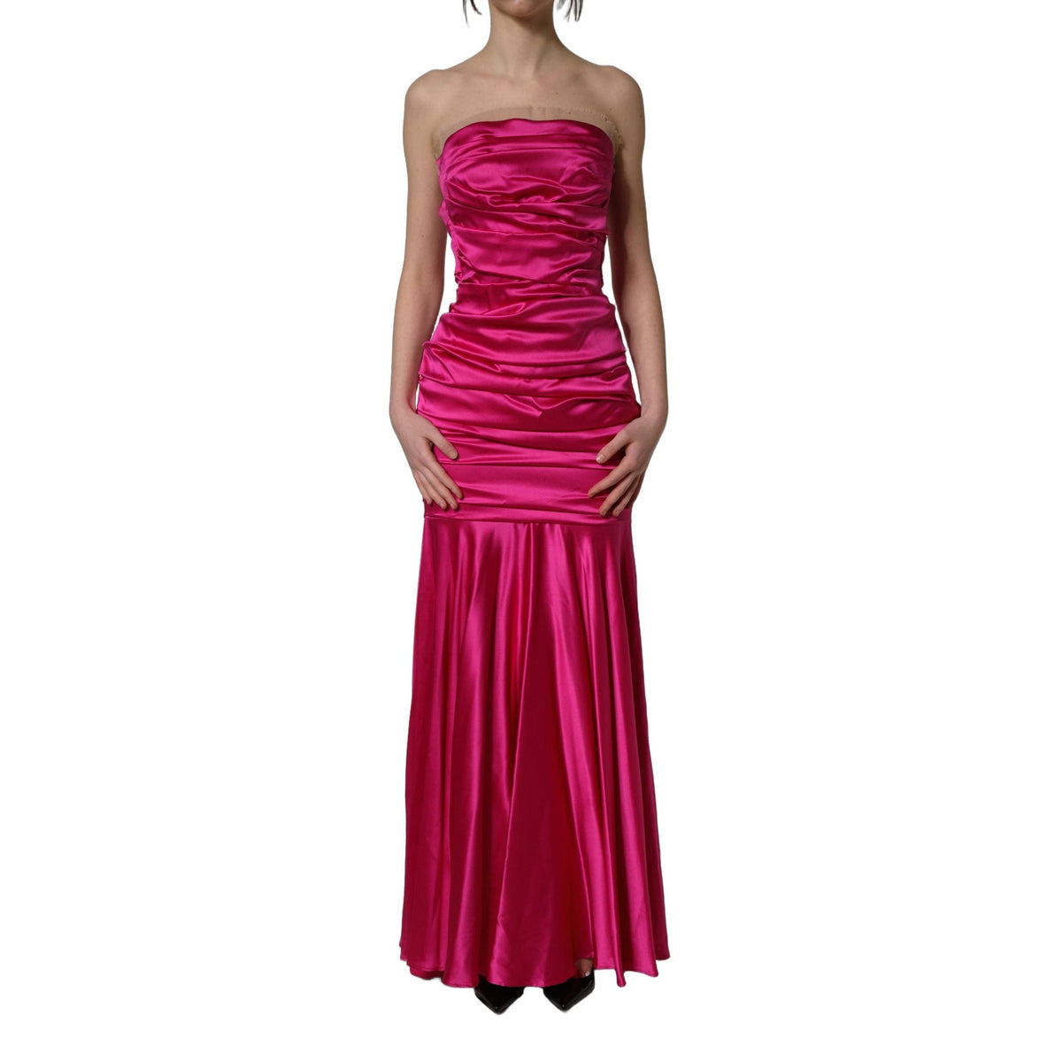 Dolce & Gabbana Hot Pink Ruched Satin Strapless Gown Dress