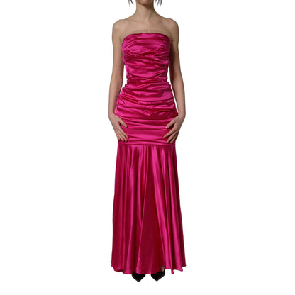 Dolce & Gabbana Hot Pink Ruched Satin Strapless Gown Dress