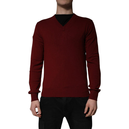 Dolce & Gabbana Maroon Cashmere V-neck Men Pullover Sweater