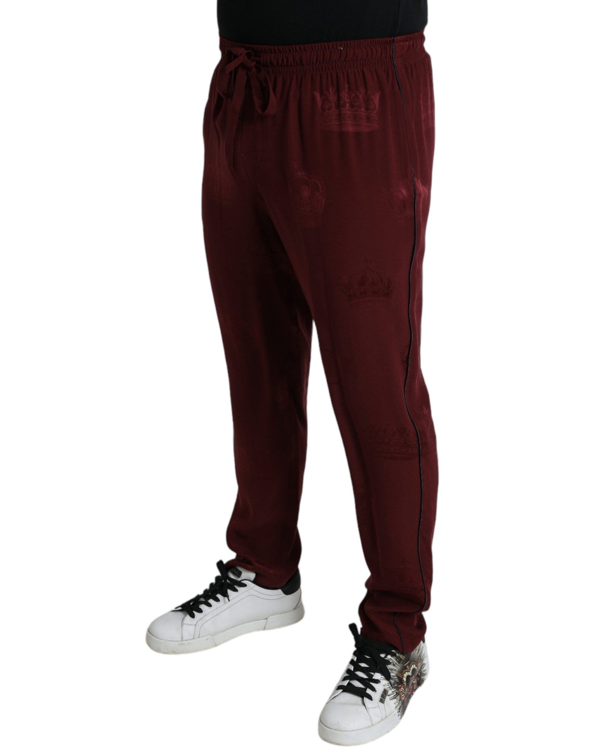 Dolce & Gabbana Maroon Crown Pattern Silke Pajama Bukser & Jeans