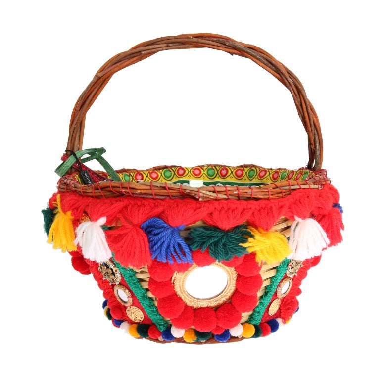 Dolce & Gabbana Multicolor AGNESE Straw Crystal Pom Pom Bag