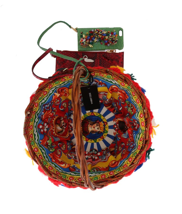 Dolce & Gabbana Multicolor AGNESE Straw Crystal Pom Pom Bag
