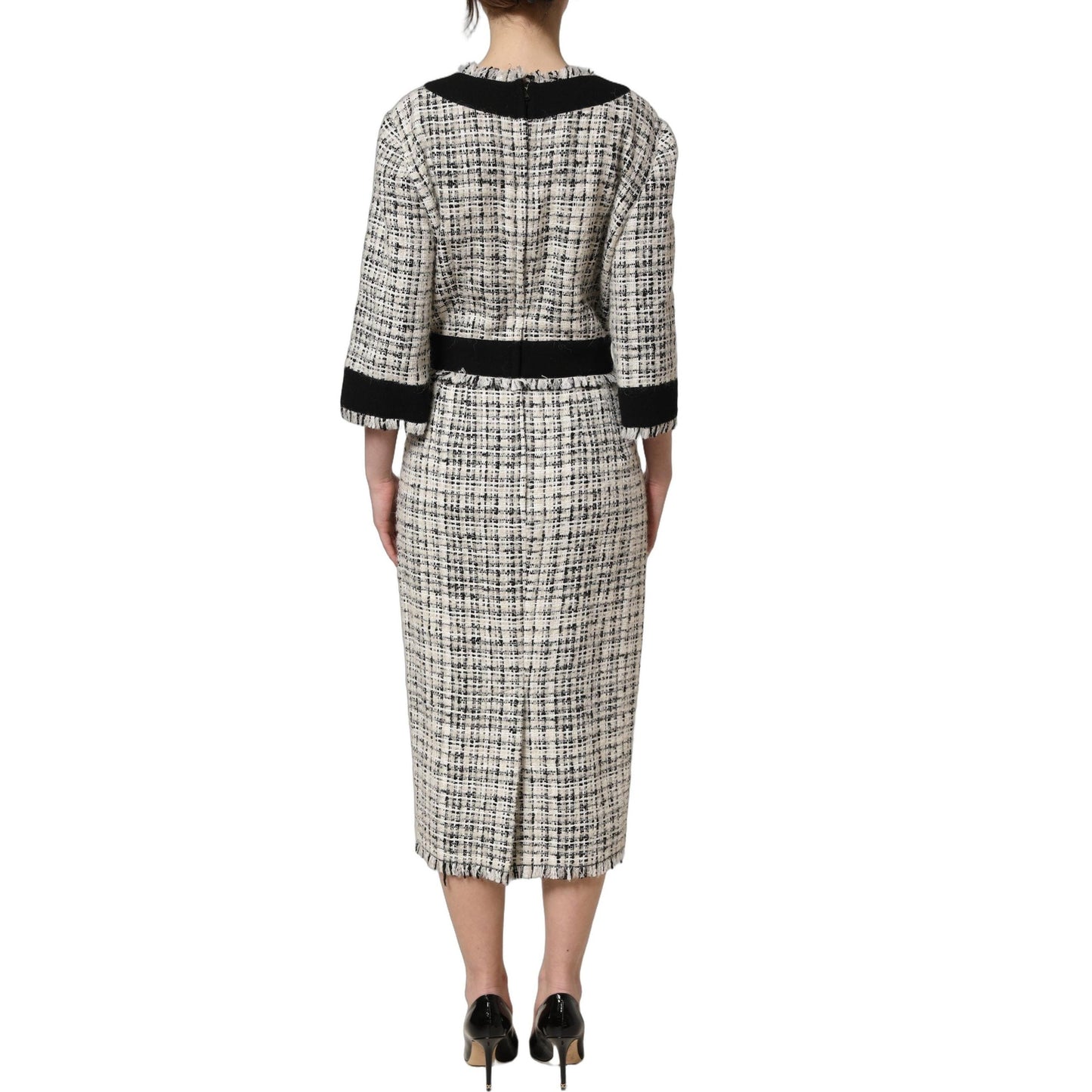 Dolce & Gabbana Multicolor Bouclé Tweed Frayed Trim Midi Dress