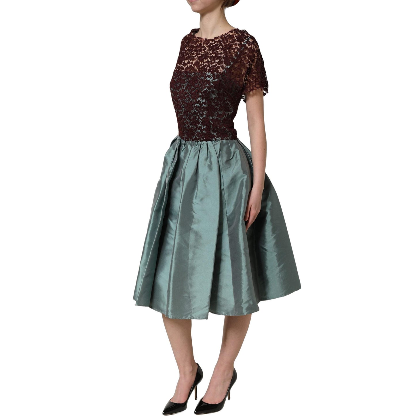 Dolce & Gabbana Multicolor Floral Lace Taffeta Pleated Midi Dress