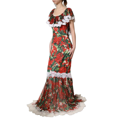 Dolce & Gabbana Multicolor Geranium Flower Lace Maxi Dress