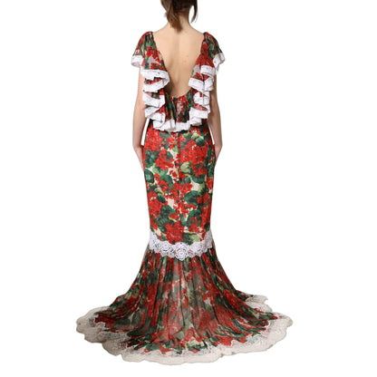 Dolce & Gabbana Multicolor Geranium Flower Lace Maxi Dress