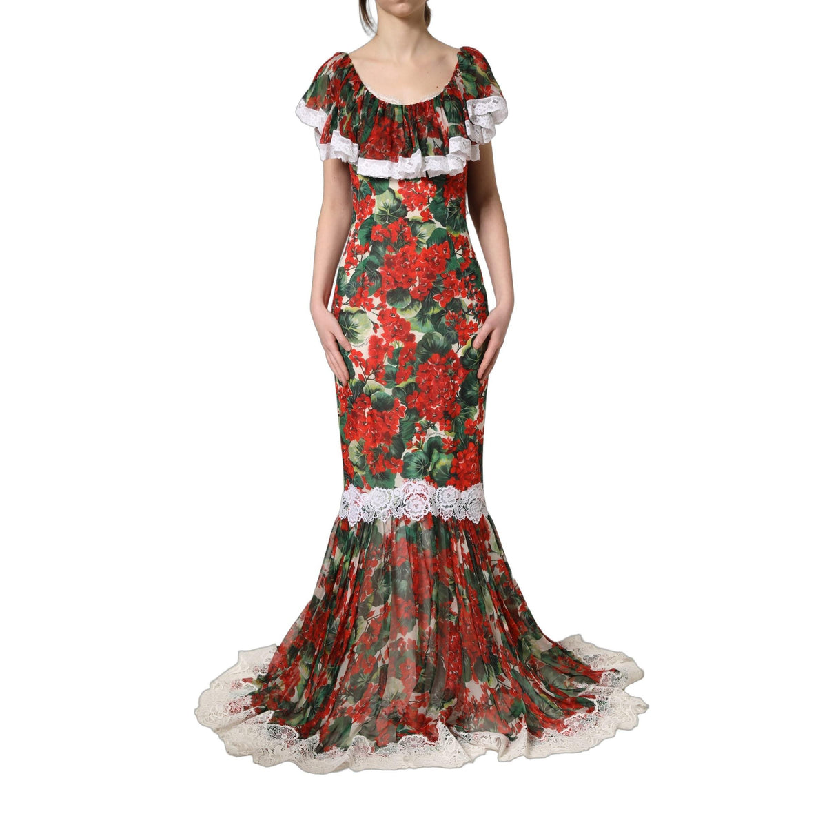 Dolce & Gabbana Multicolor Geranium Flower Lace Maxi Dress