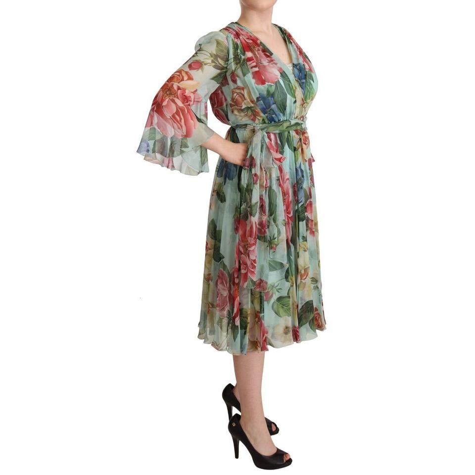Dolce & Gabbana Multicolor Green Floral Silk Wrap Midi Dress