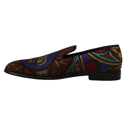 Dolce & Gabbana Multicolor Jacquard Crown Slippers Loafers Shoes
