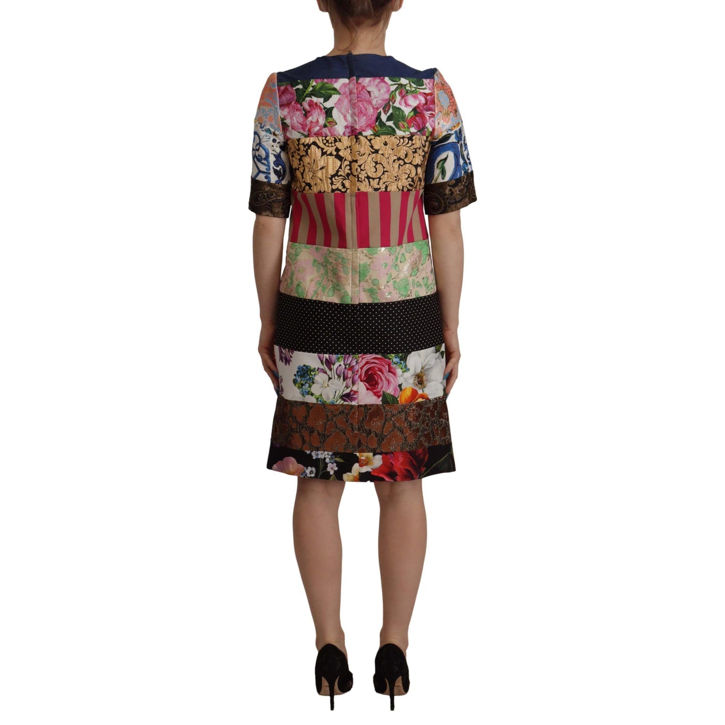 Dolce & Gabbana Multicolor Pachwork Floral Sheath Jaquard Mini Gown Dress