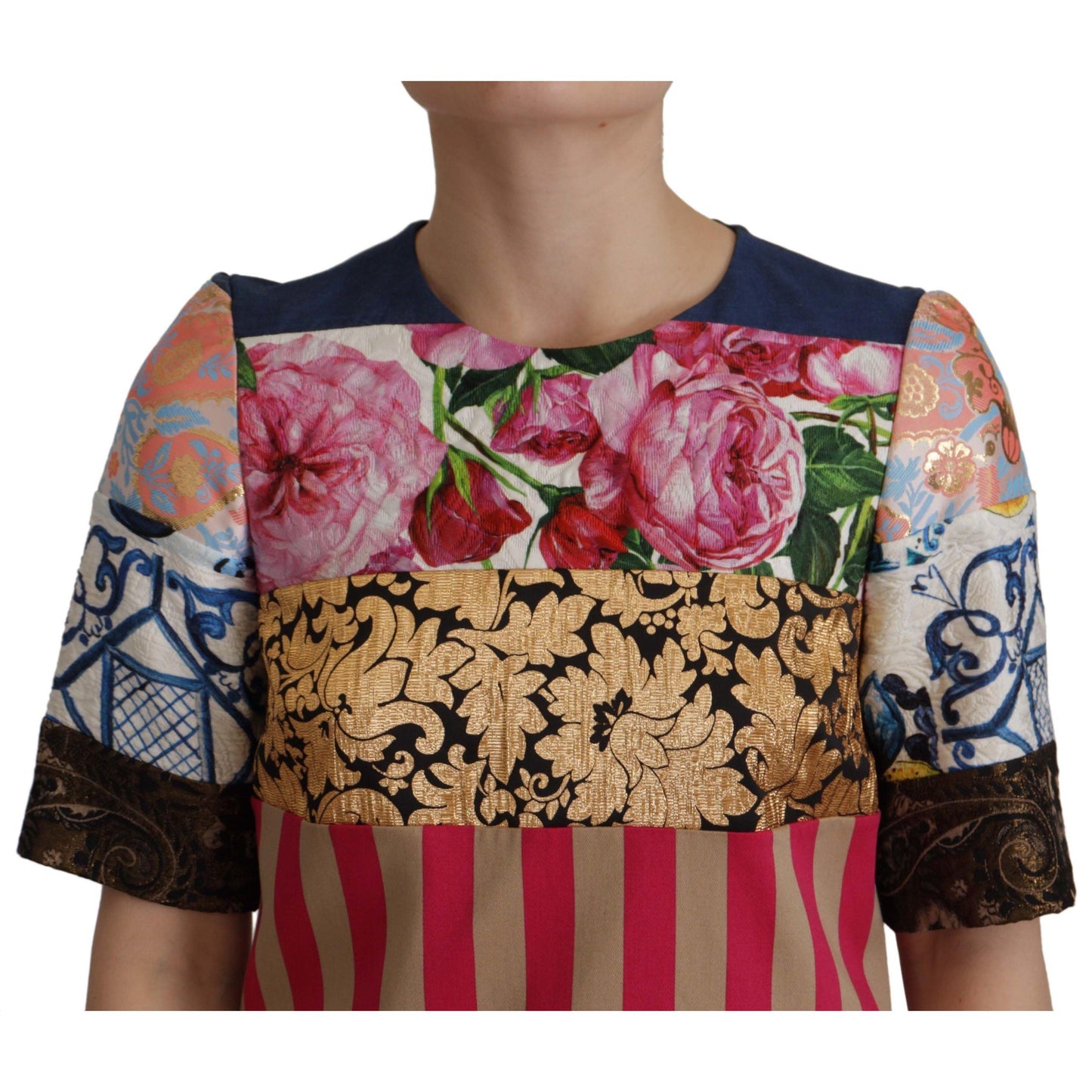 Dolce & Gabbana Multicolor Pachwork Floral Sheath Jaquard Mini Gown Dress