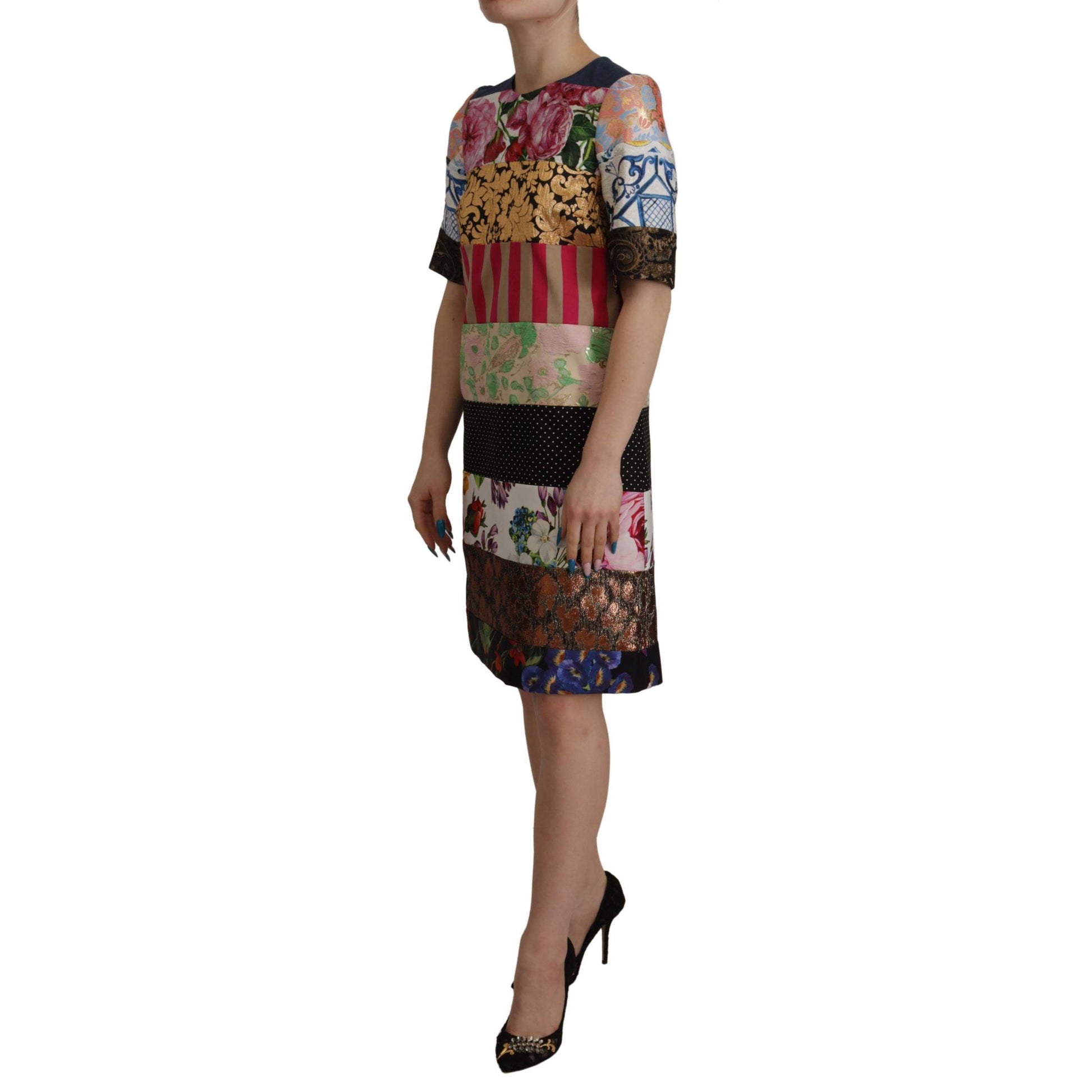 Dolce & Gabbana Multicolor Pachwork Floral Sheath Jaquard Mini Gown Dress