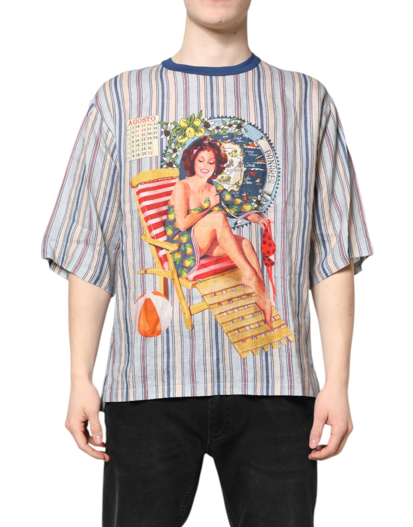 Dolce & Gabbana Multicolor Striped Pin Up Linen Round Neck T-shirt