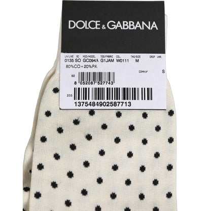 Dolce & Gabbana Off White Cotton Polka Dot Mid Calf Accessory Socks