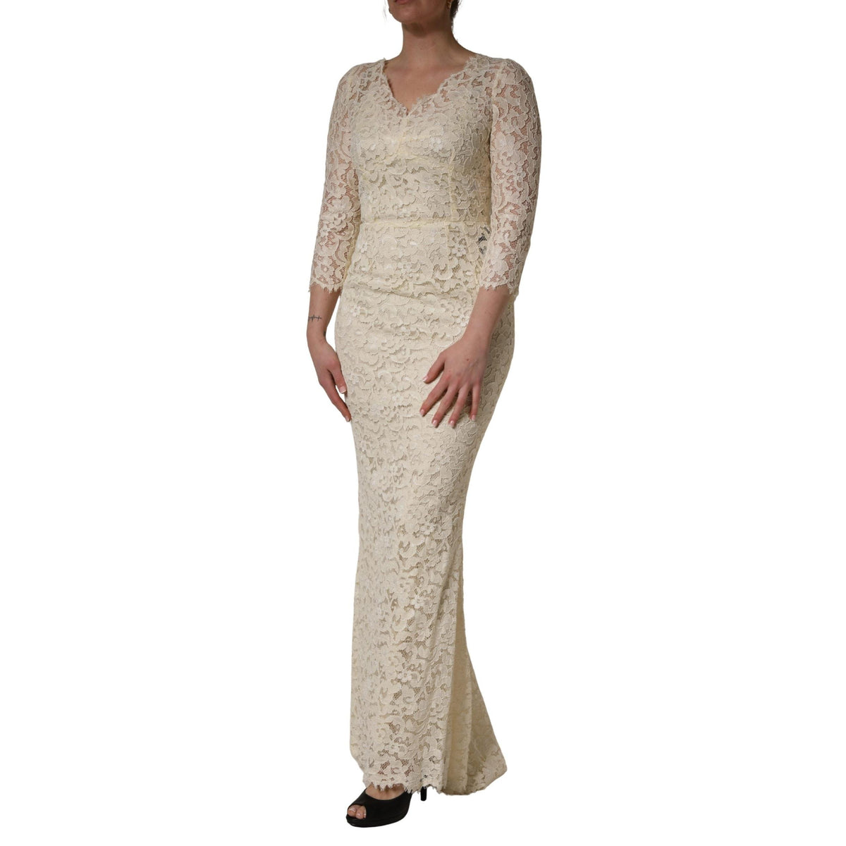 Dolce & Gabbana Off White Floral Lace Sheath Maxi Dress