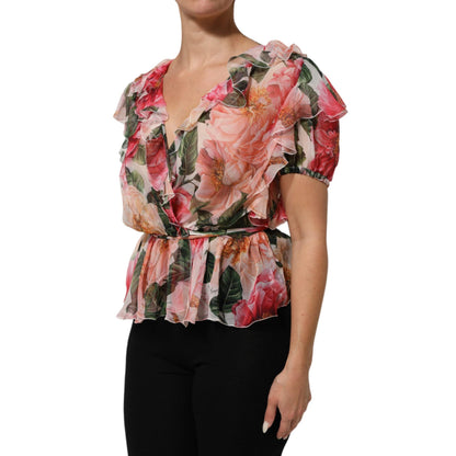 Dolce & Gabbana Pink Camellias Printed Silk V-neck Blouse Top