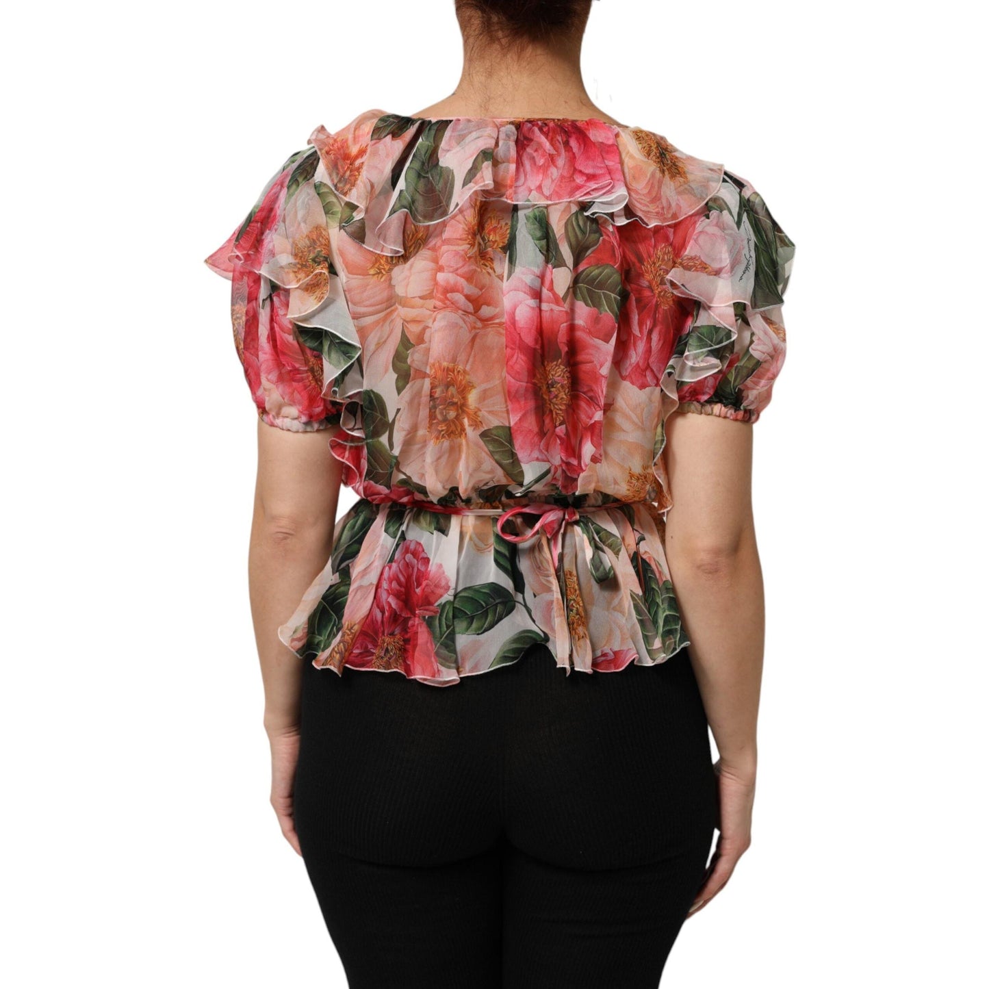 Dolce & Gabbana Pink Camellias Printed Silk V-neck Blouse Top