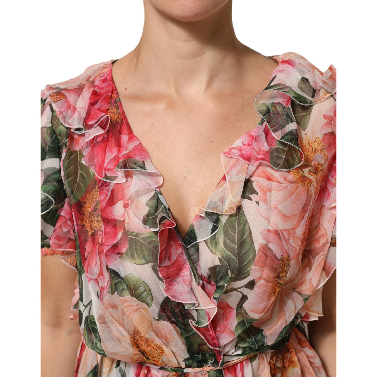 Dolce & Gabbana Pink Camellias Printed Silk V-neck Blouse Top